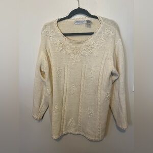 Carolyn Taylor Cream Scoop Neck Embroidered Knit Sweater